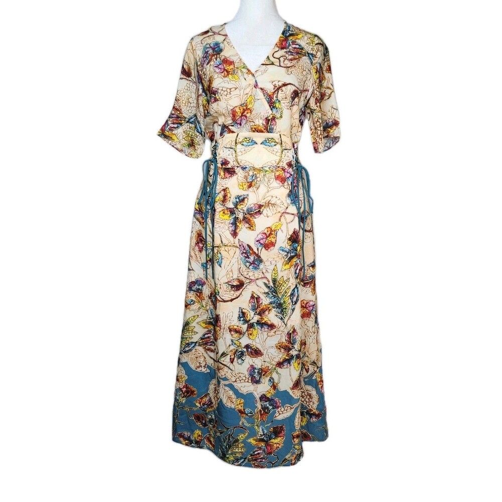 Silk Kimono Sleeve Side Tie Maxi Dress Small Botanical Print Fairycore Luxury